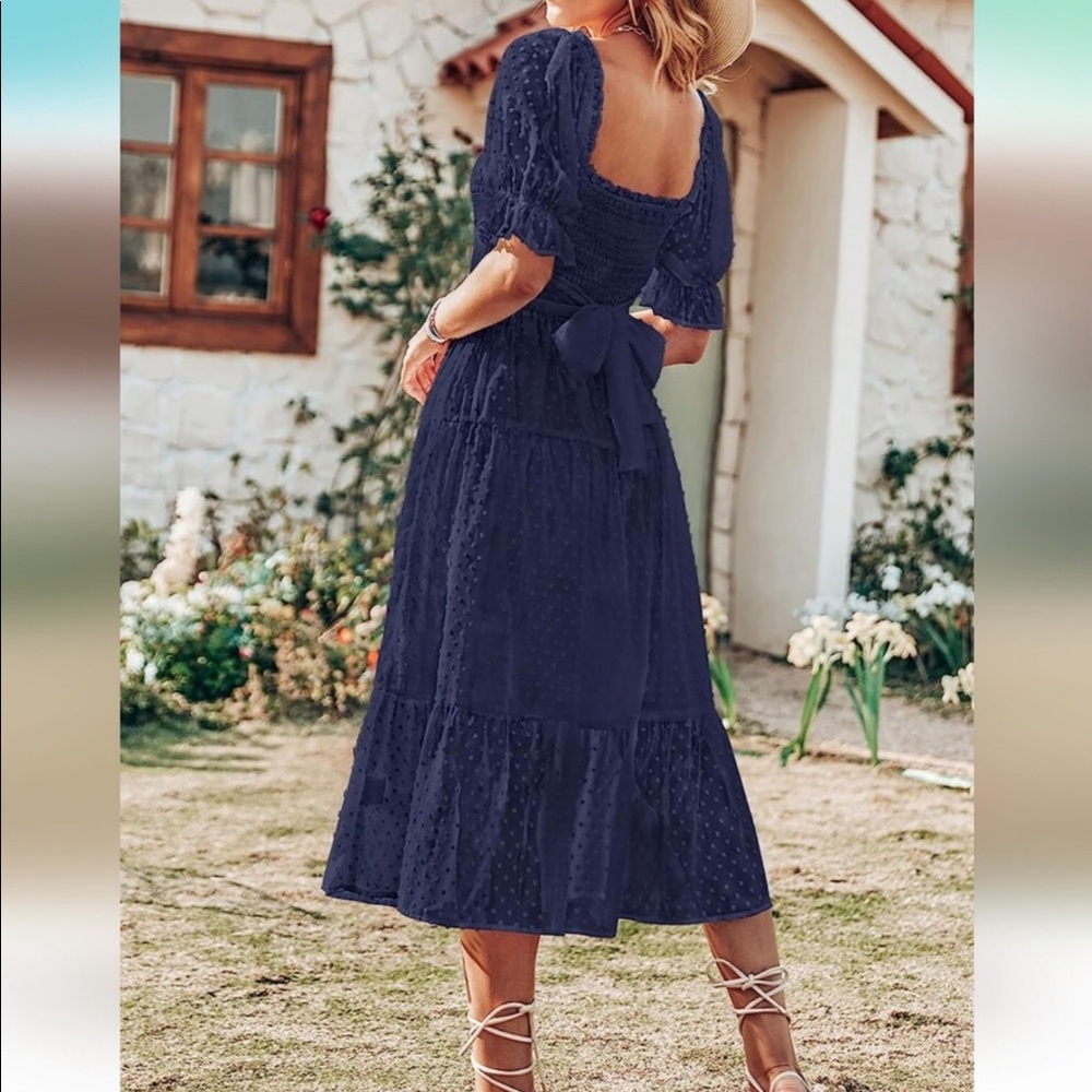 Women’s Navy Midi Smocked Square-Neck Dress - Picture 4 of 8